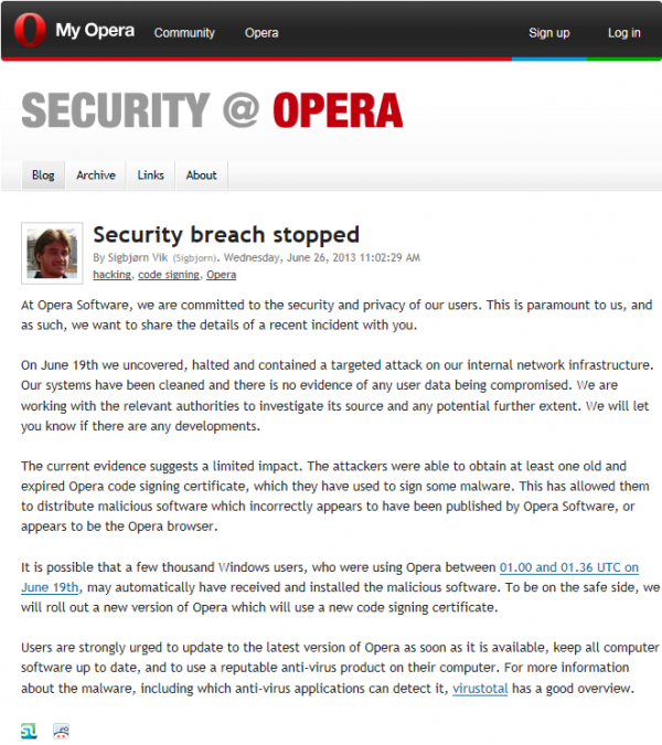 Opera签名的数字证书遭黑客窃取
